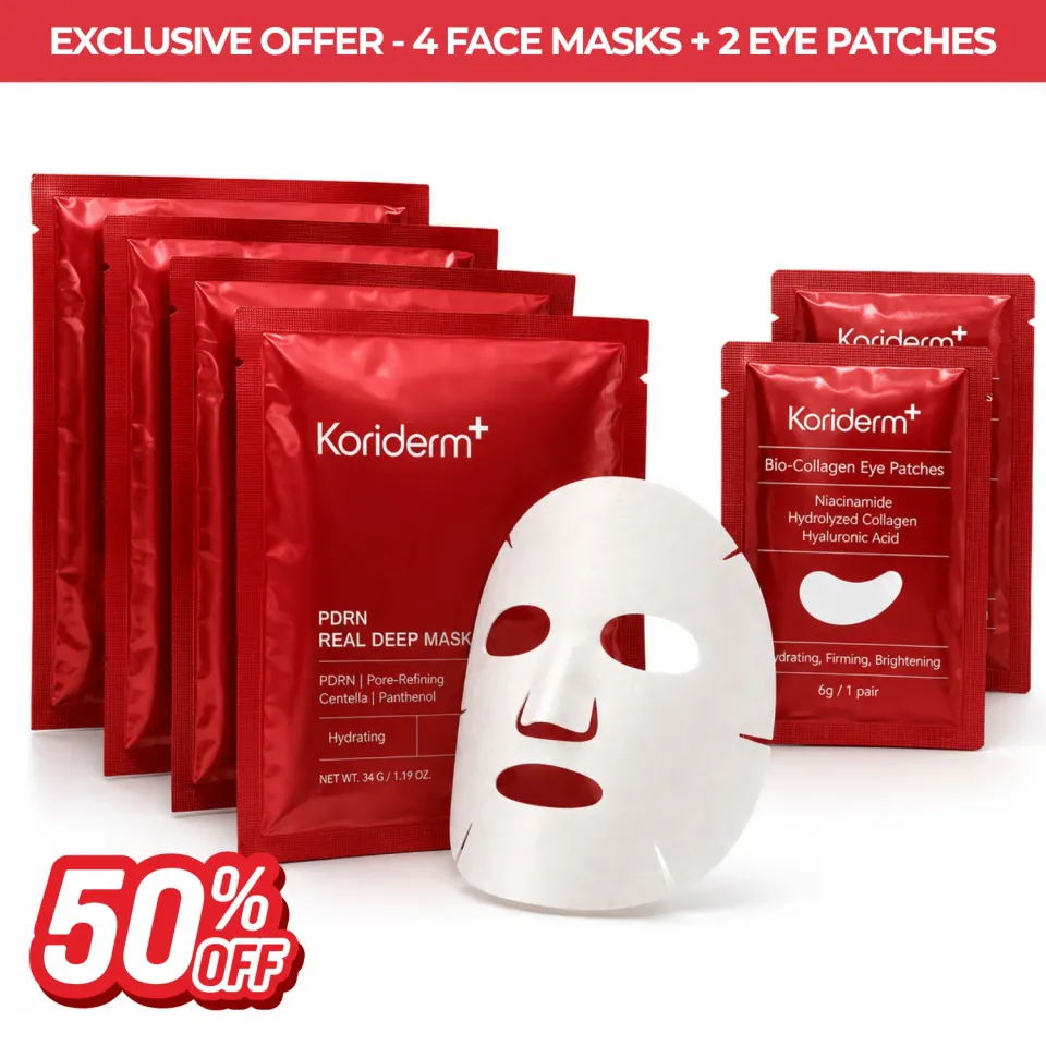 Koriderm PDRN maschere viso 4 pezzi + 2 patch occhi rughe visibili